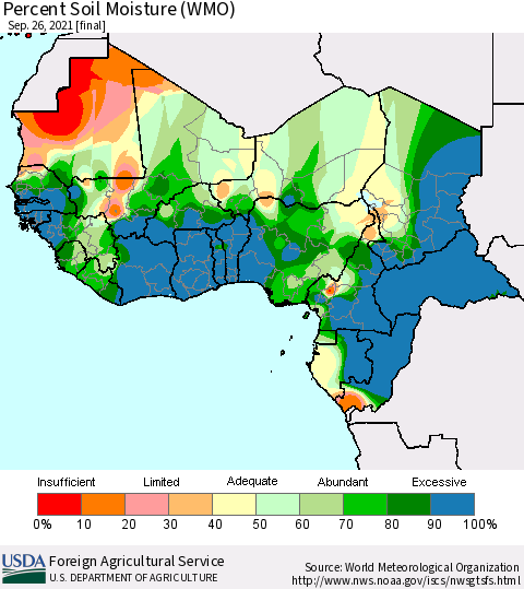 Western Africa Percent Soil Moisture (WMO) Thematic Map For 9/20/2021 - 9/26/2021