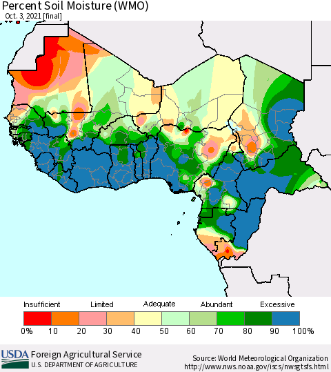 Western Africa Percent Soil Moisture (WMO) Thematic Map For 9/27/2021 - 10/3/2021