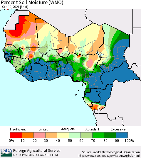 Western Africa Percent Soil Moisture (WMO) Thematic Map For 10/4/2021 - 10/10/2021