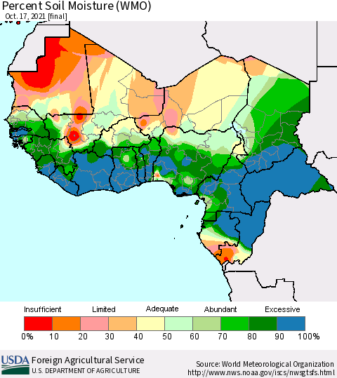 Western Africa Percent Soil Moisture (WMO) Thematic Map For 10/11/2021 - 10/17/2021