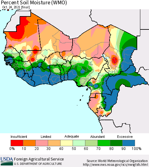 Western Africa Percent Soil Moisture (WMO) Thematic Map For 10/18/2021 - 10/24/2021