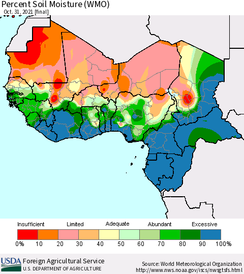 Western Africa Percent Soil Moisture (WMO) Thematic Map For 10/25/2021 - 10/31/2021