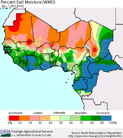 Western Africa Percent Soil Moisture (WMO) Thematic Map For 11/1/2021 - 11/7/2021