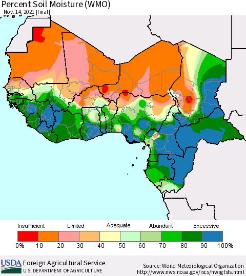 Western Africa Percent Soil Moisture (WMO) Thematic Map For 11/8/2021 - 11/14/2021