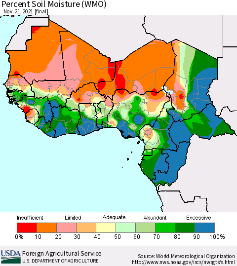 Western Africa Percent Soil Moisture (WMO) Thematic Map For 11/15/2021 - 11/21/2021
