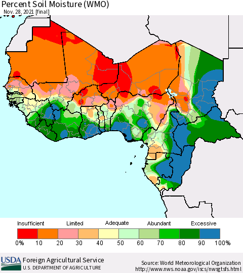 Western Africa Percent Soil Moisture (WMO) Thematic Map For 11/22/2021 - 11/28/2021