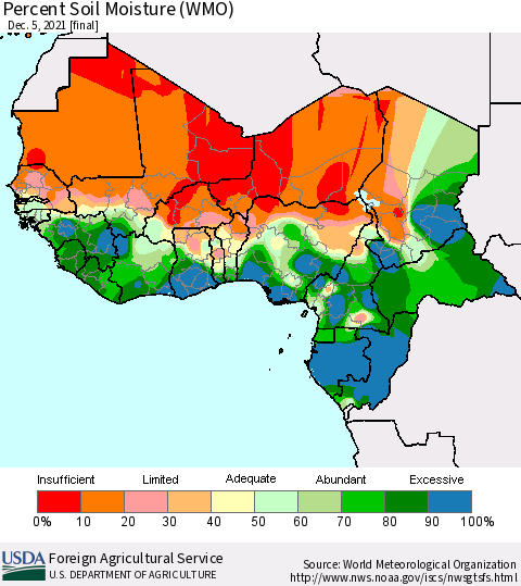 Western Africa Percent Soil Moisture (WMO) Thematic Map For 11/29/2021 - 12/5/2021