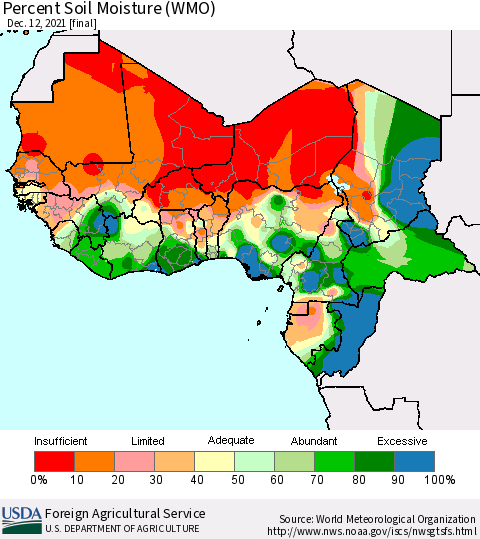 Western Africa Percent Soil Moisture (WMO) Thematic Map For 12/6/2021 - 12/12/2021