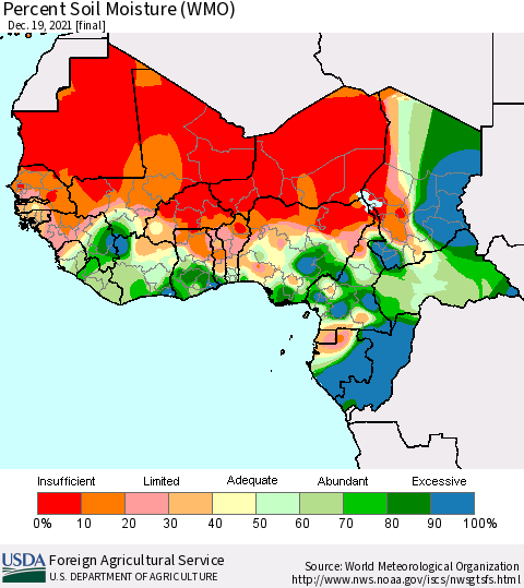 Western Africa Percent Soil Moisture (WMO) Thematic Map For 12/13/2021 - 12/19/2021