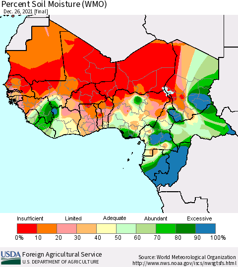 Western Africa Percent Soil Moisture (WMO) Thematic Map For 12/20/2021 - 12/26/2021