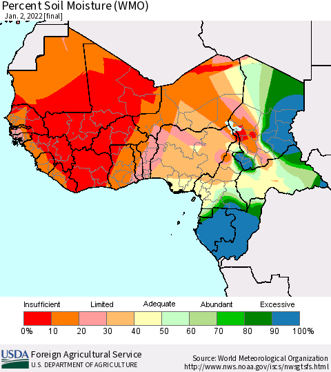 Western Africa Percent Soil Moisture (WMO) Thematic Map For 12/27/2021 - 1/2/2022