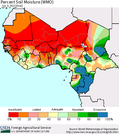 Western Africa Percent Soil Moisture (WMO) Thematic Map For 1/3/2022 - 1/9/2022