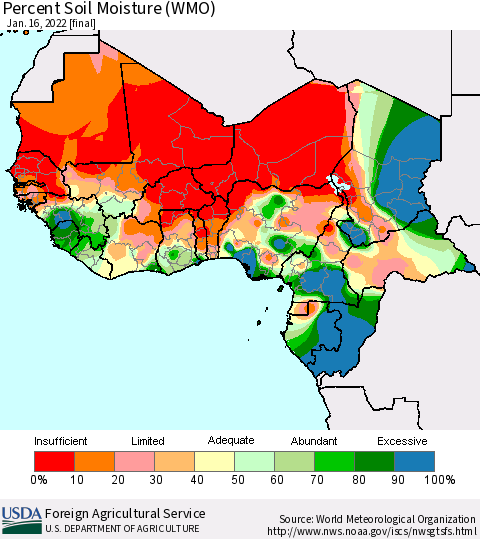 Western Africa Percent Soil Moisture (WMO) Thematic Map For 1/10/2022 - 1/16/2022