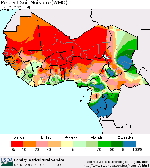 Western Africa Percent Soil Moisture (WMO) Thematic Map For 1/17/2022 - 1/23/2022