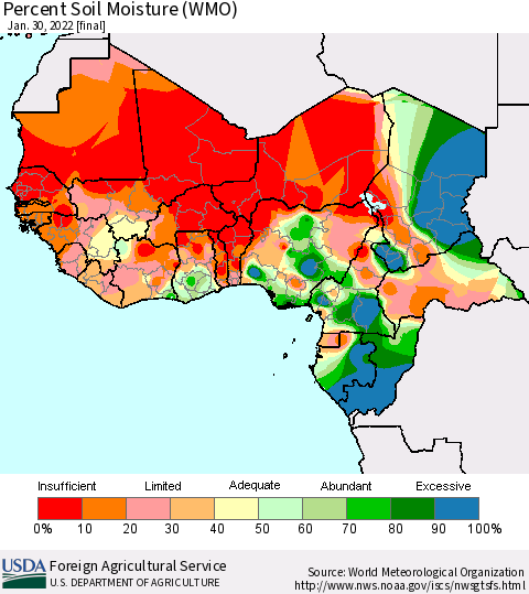 Western Africa Percent Soil Moisture (WMO) Thematic Map For 1/24/2022 - 1/30/2022