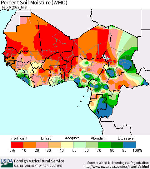 Western Africa Percent Soil Moisture (WMO) Thematic Map For 1/31/2022 - 2/6/2022