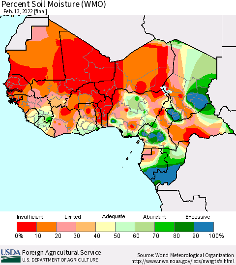 Western Africa Percent Soil Moisture (WMO) Thematic Map For 2/7/2022 - 2/13/2022