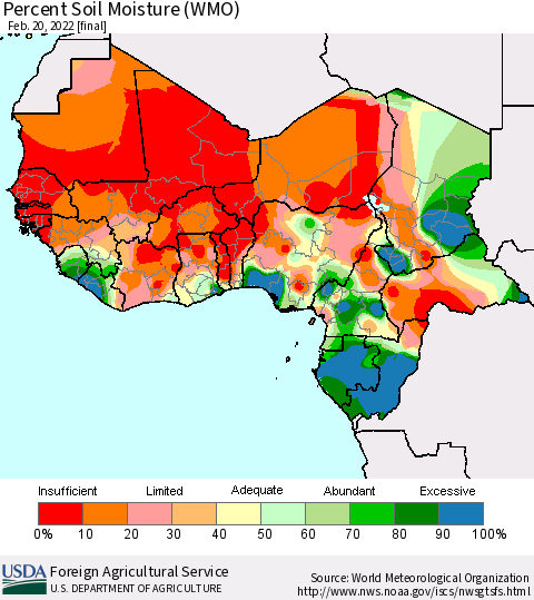 Western Africa Percent Soil Moisture (WMO) Thematic Map For 2/14/2022 - 2/20/2022