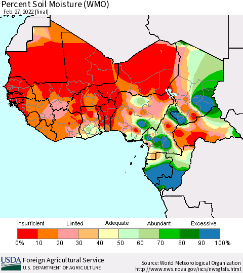 Western Africa Percent Soil Moisture (WMO) Thematic Map For 2/21/2022 - 2/27/2022