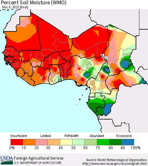 Western Africa Percent Soil Moisture (WMO) Thematic Map For 2/28/2022 - 3/6/2022