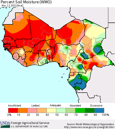 Western Africa Percent Soil Moisture (WMO) Thematic Map For 3/7/2022 - 3/13/2022