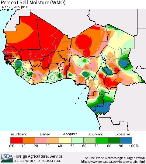 Western Africa Percent Soil Moisture (WMO) Thematic Map For 3/14/2022 - 3/20/2022
