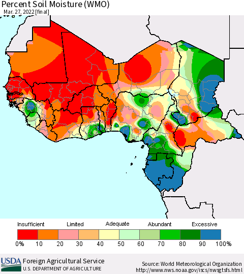 Western Africa Percent Soil Moisture (WMO) Thematic Map For 3/21/2022 - 3/27/2022