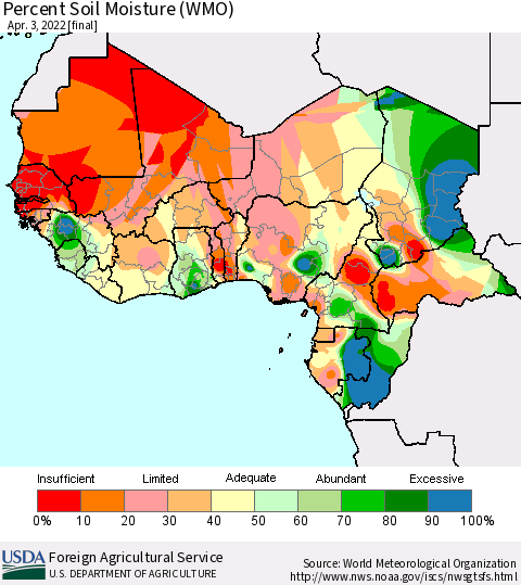 Western Africa Percent Soil Moisture (WMO) Thematic Map For 3/28/2022 - 4/3/2022