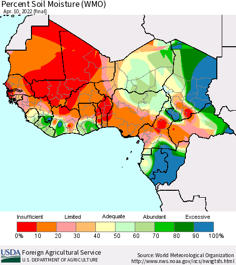 Western Africa Percent Soil Moisture (WMO) Thematic Map For 4/4/2022 - 4/10/2022