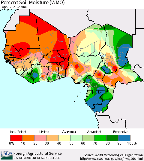Western Africa Percent Soil Moisture (WMO) Thematic Map For 4/11/2022 - 4/17/2022
