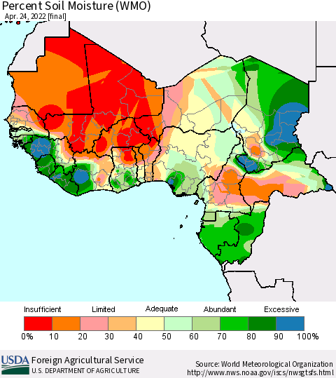 Western Africa Percent Soil Moisture (WMO) Thematic Map For 4/18/2022 - 4/24/2022