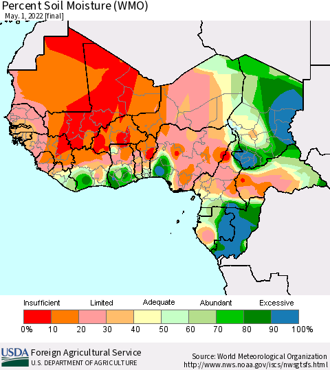 Western Africa Percent Soil Moisture (WMO) Thematic Map For 4/25/2022 - 5/1/2022