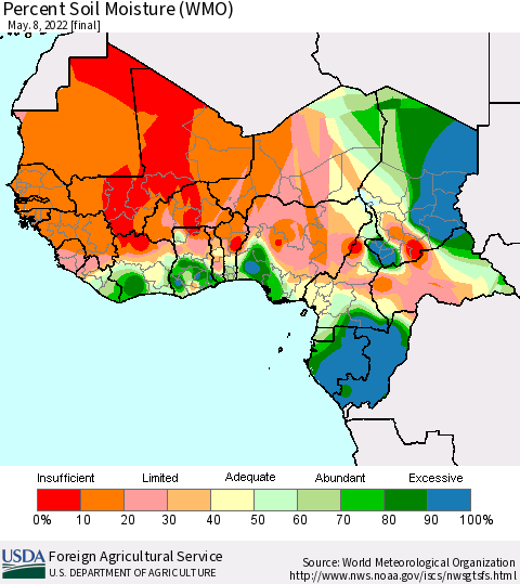Western Africa Percent Soil Moisture (WMO) Thematic Map For 5/2/2022 - 5/8/2022