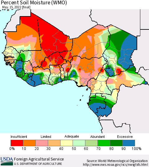 Western Africa Percent Soil Moisture (WMO) Thematic Map For 5/9/2022 - 5/15/2022
