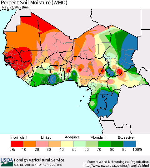 Western Africa Percent Soil Moisture (WMO) Thematic Map For 5/16/2022 - 5/22/2022