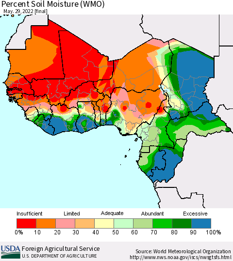 Western Africa Percent Soil Moisture (WMO) Thematic Map For 5/23/2022 - 5/29/2022