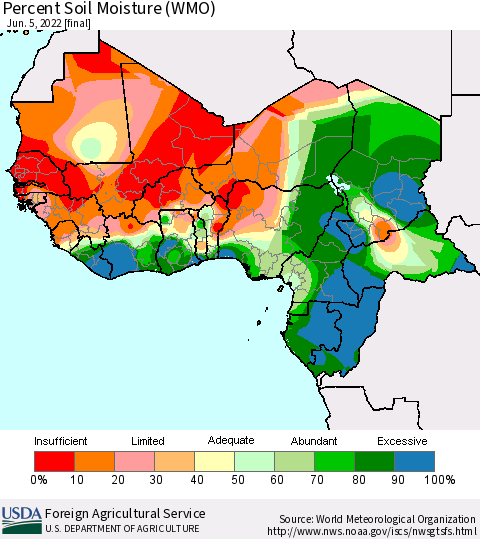 Western Africa Percent Soil Moisture (WMO) Thematic Map For 5/30/2022 - 6/5/2022