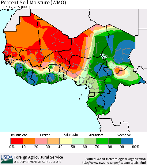 Western Africa Percent Soil Moisture (WMO) Thematic Map For 6/6/2022 - 6/12/2022