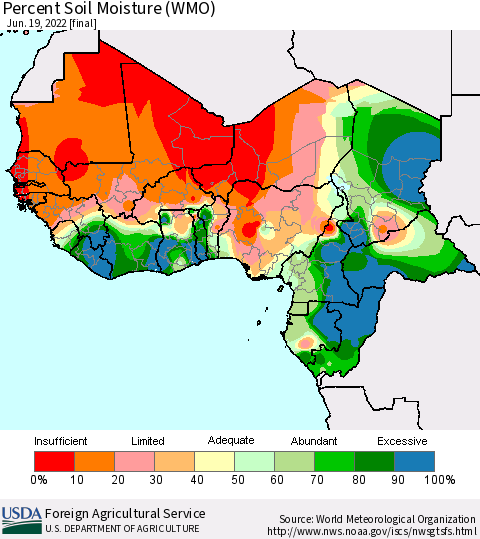 Western Africa Percent Soil Moisture (WMO) Thematic Map For 6/13/2022 - 6/19/2022