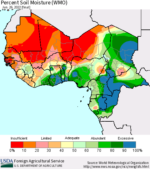 Western Africa Percent Soil Moisture (WMO) Thematic Map For 6/20/2022 - 6/26/2022