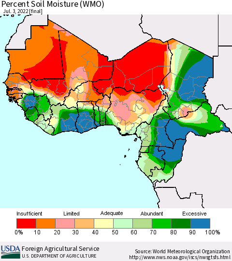 Western Africa Percent Soil Moisture (WMO) Thematic Map For 6/27/2022 - 7/3/2022