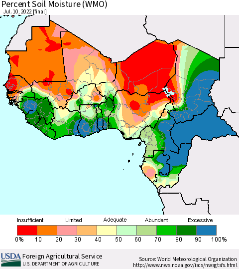 Western Africa Percent Soil Moisture (WMO) Thematic Map For 7/4/2022 - 7/10/2022