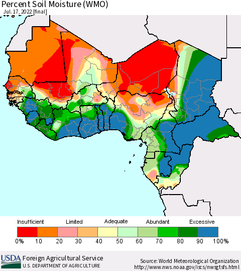 Western Africa Percent Soil Moisture (WMO) Thematic Map For 7/11/2022 - 7/17/2022