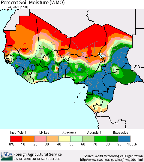 Western Africa Percent Soil Moisture (WMO) Thematic Map For 7/18/2022 - 7/24/2022
