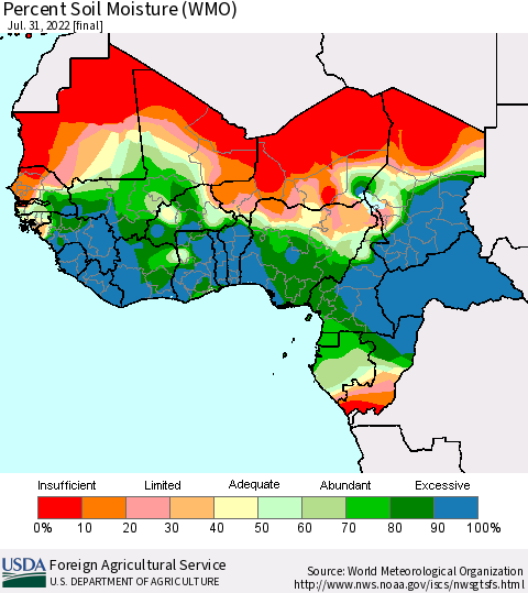 Western Africa Percent Soil Moisture (WMO) Thematic Map For 7/25/2022 - 7/31/2022