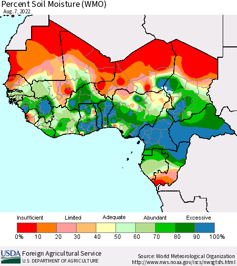 Western Africa Percent Soil Moisture (WMO) Thematic Map For 8/1/2022 - 8/7/2022