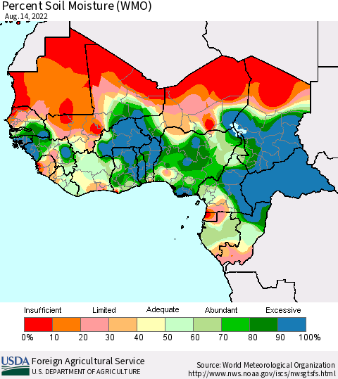 Western Africa Percent Soil Moisture (WMO) Thematic Map For 8/8/2022 - 8/14/2022