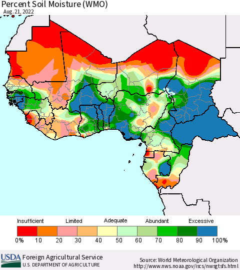 Western Africa Percent Soil Moisture (WMO) Thematic Map For 8/15/2022 - 8/21/2022