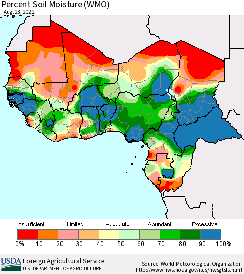 Western Africa Percent Soil Moisture (WMO) Thematic Map For 8/22/2022 - 8/28/2022