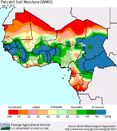 Western Africa Percent Soil Moisture (WMO) Thematic Map For 8/29/2022 - 9/4/2022